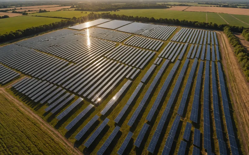 Wide aerial view of solar farm with shadows from clouds creating contrast
