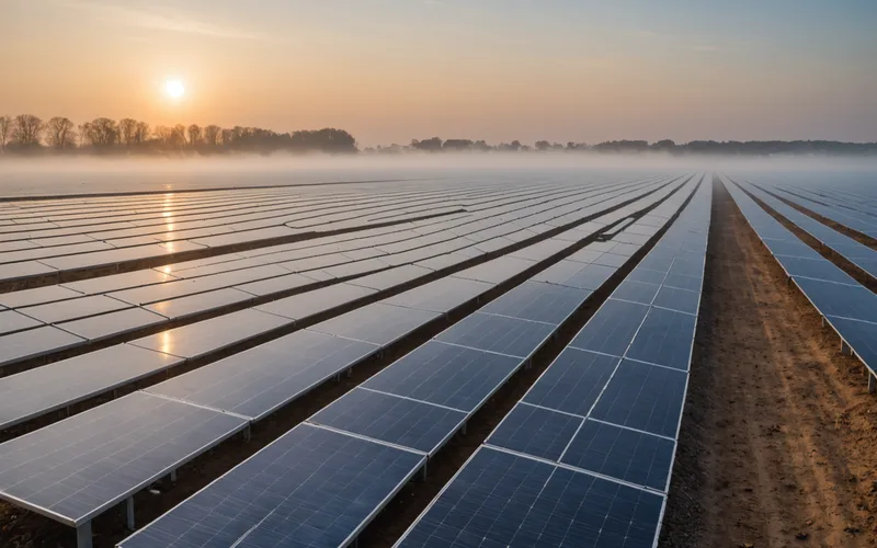 Solar modules in early morning light with ground mist between rows