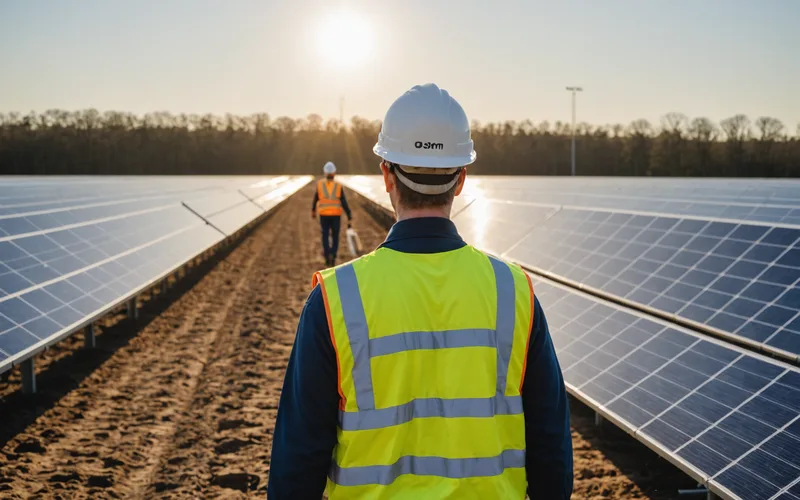 Field technician walking between solar panel rows on a clear day