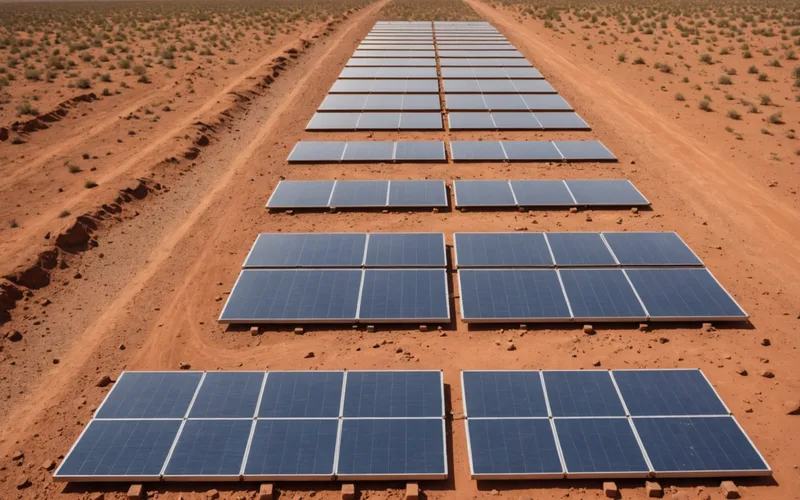Dusty solar panels in an arid remote setting showing soiling accumulation