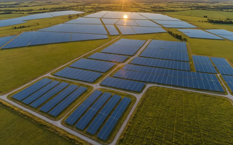 Aerial photograph of multiple solar installations across open land
