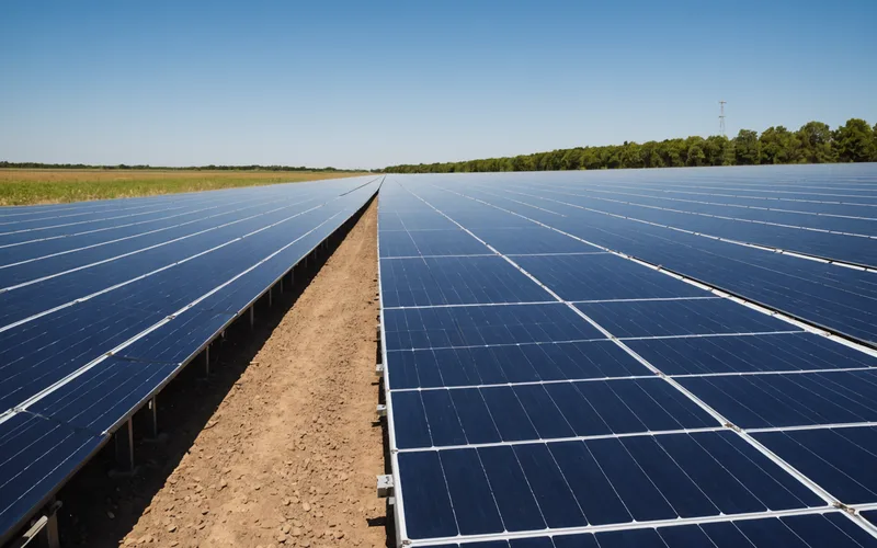 Solar panel strings viewed from ground level with warm afternoon sunlight