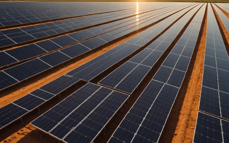 Solar panels viewed at a low angle with late afternoon amber light