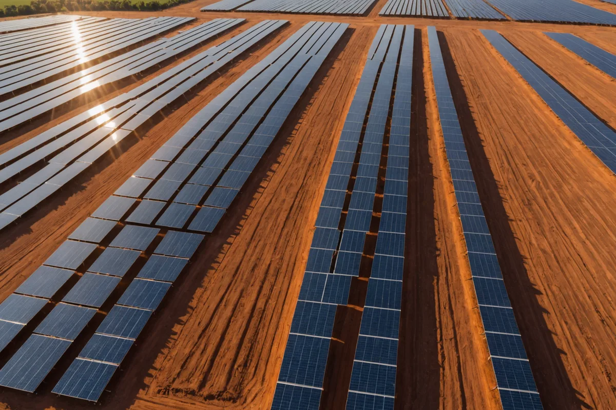 Utility-scale solar farm seen from above at sunrise